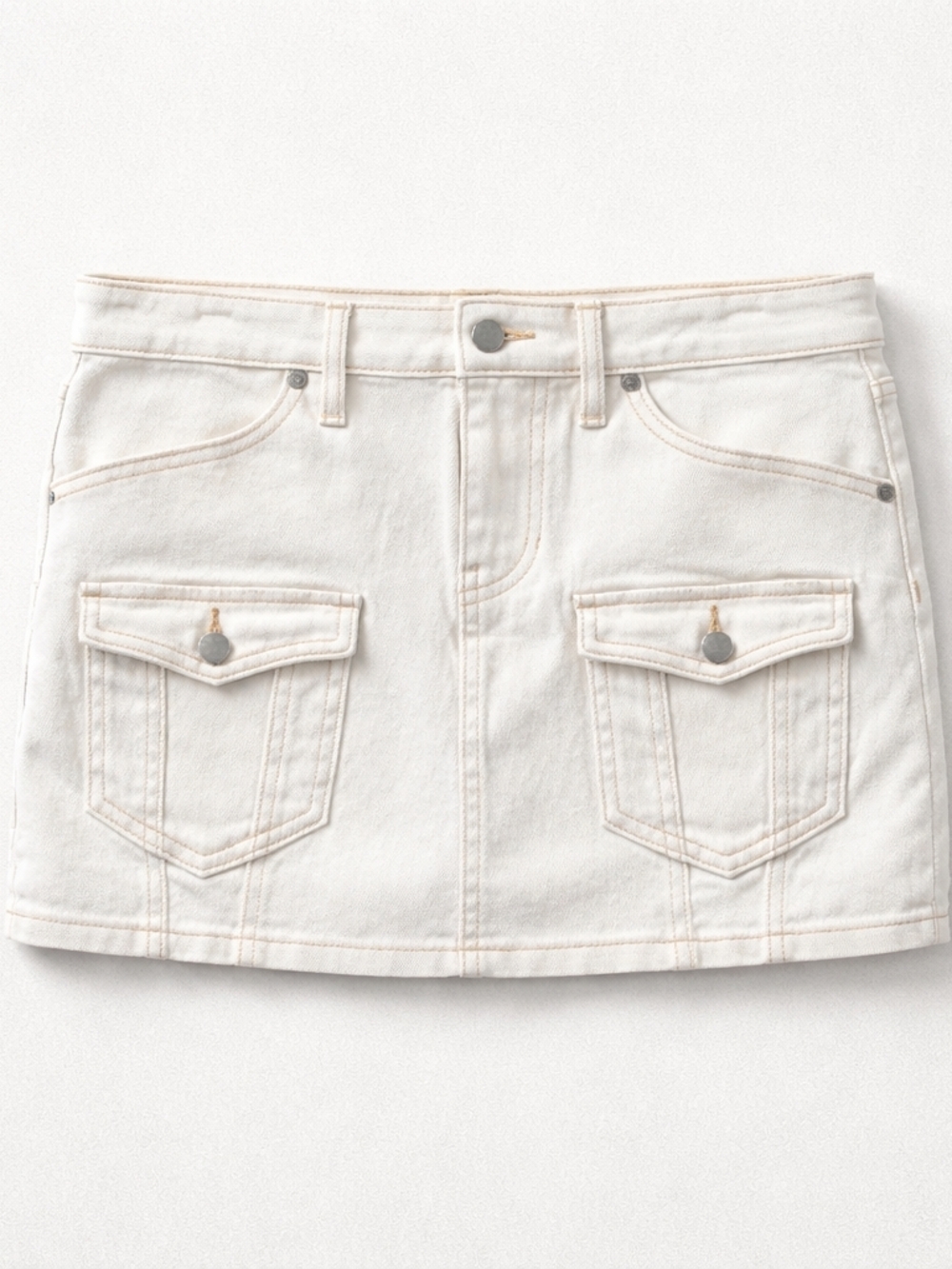 Women's Cream Denim Mini Skirt with Front Flap Pockets
